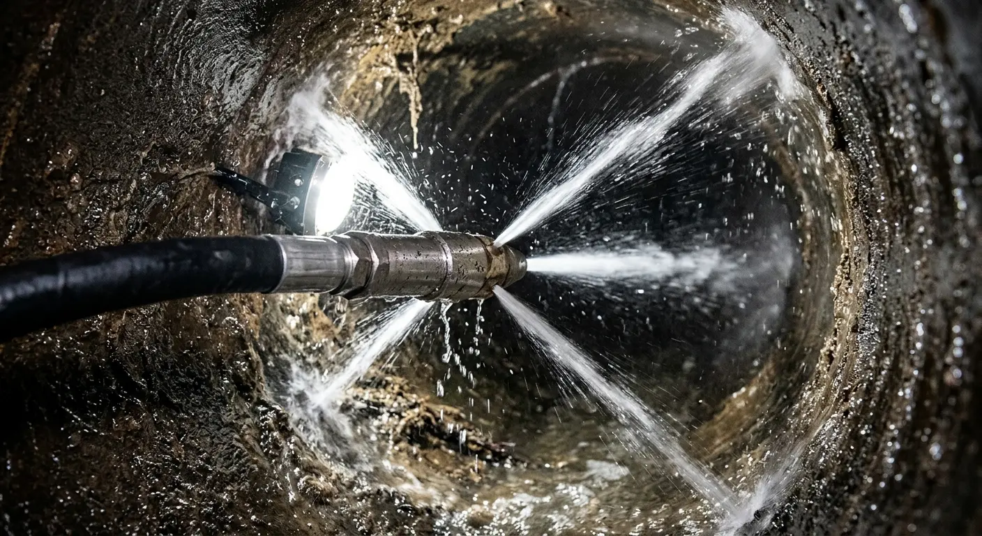 High-pressure hydro jetting nozzle cleaning sewer pipe for Sewer Line Relining in West Clarkston-Highland