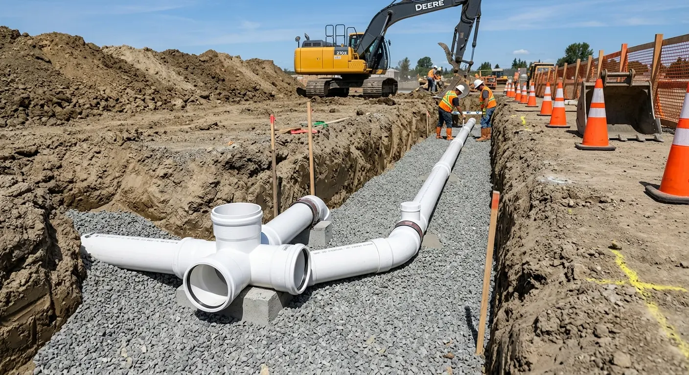 New PVC sewer pipe installation in open trench for Sewer Backup in West Clarkston-Highland
