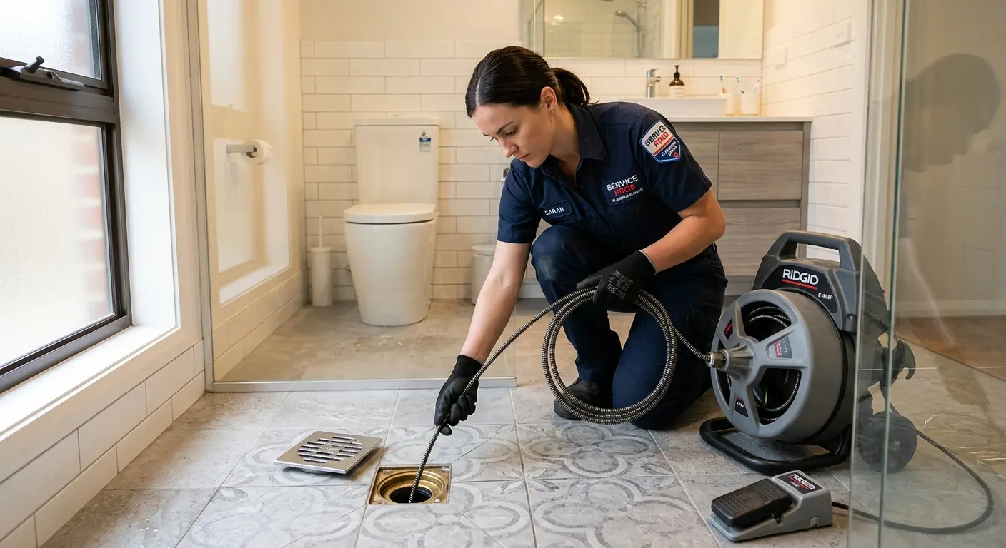 Technician clearing a bathroom floor drain for Sewer Line Replacement in West Clarkston-Highland